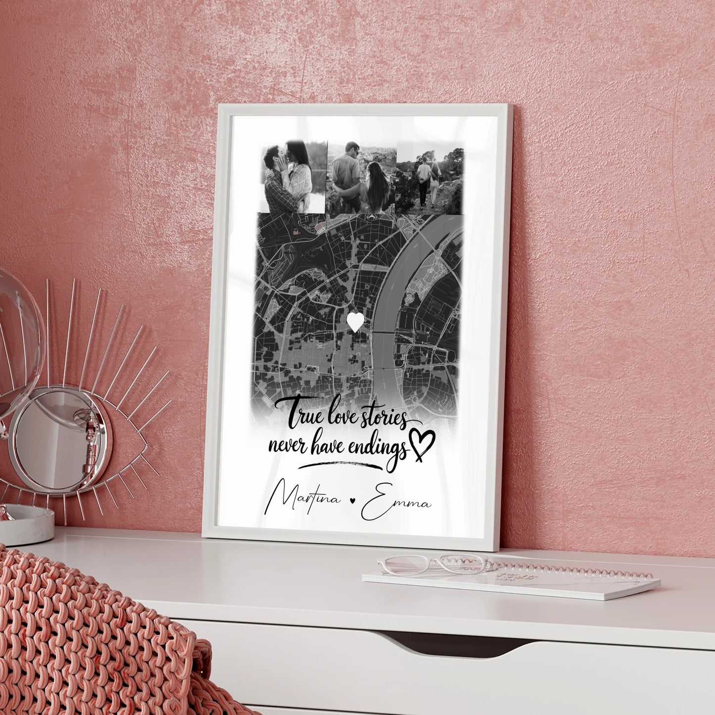 Karten Poster Personalisiert mit 4 Fotos und Karte True Love Stories Geschenk für Paare