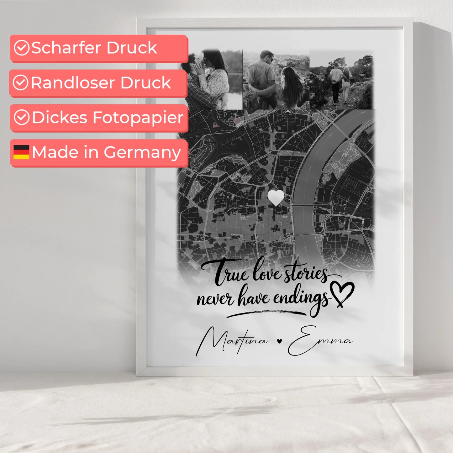 Karten Poster Personalisiert mit 4 Fotos und Karte True Love Stories Geschenk für Paare