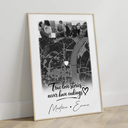 Karten Poster Personalisiert mit 4 Fotos und Karte True Love Stories Geschenk für Paare