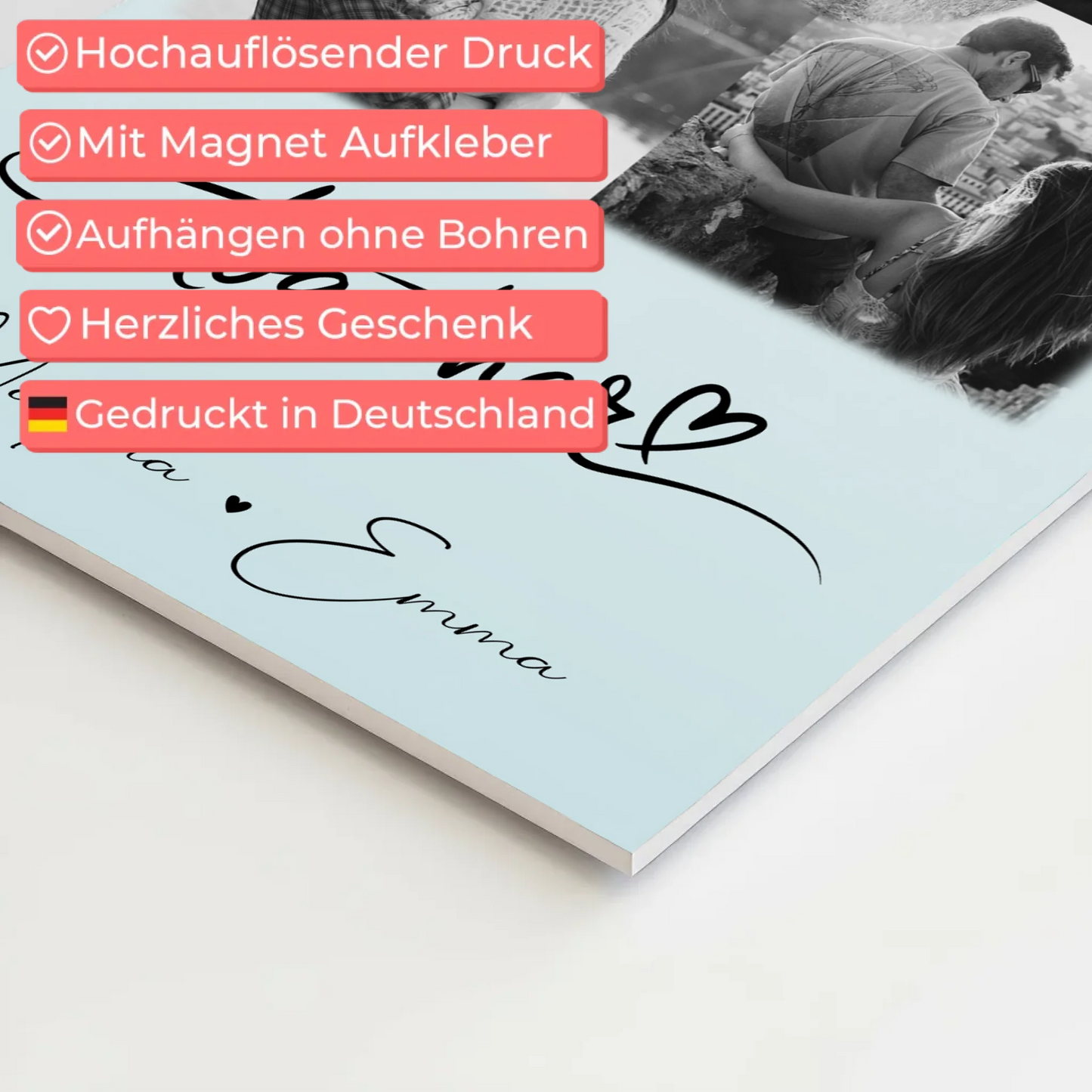 Personalisiertes Fotoboard Poster Magnetisch mit 4 Fotos und 1 Herz Foto Together für individuelle Geschenke