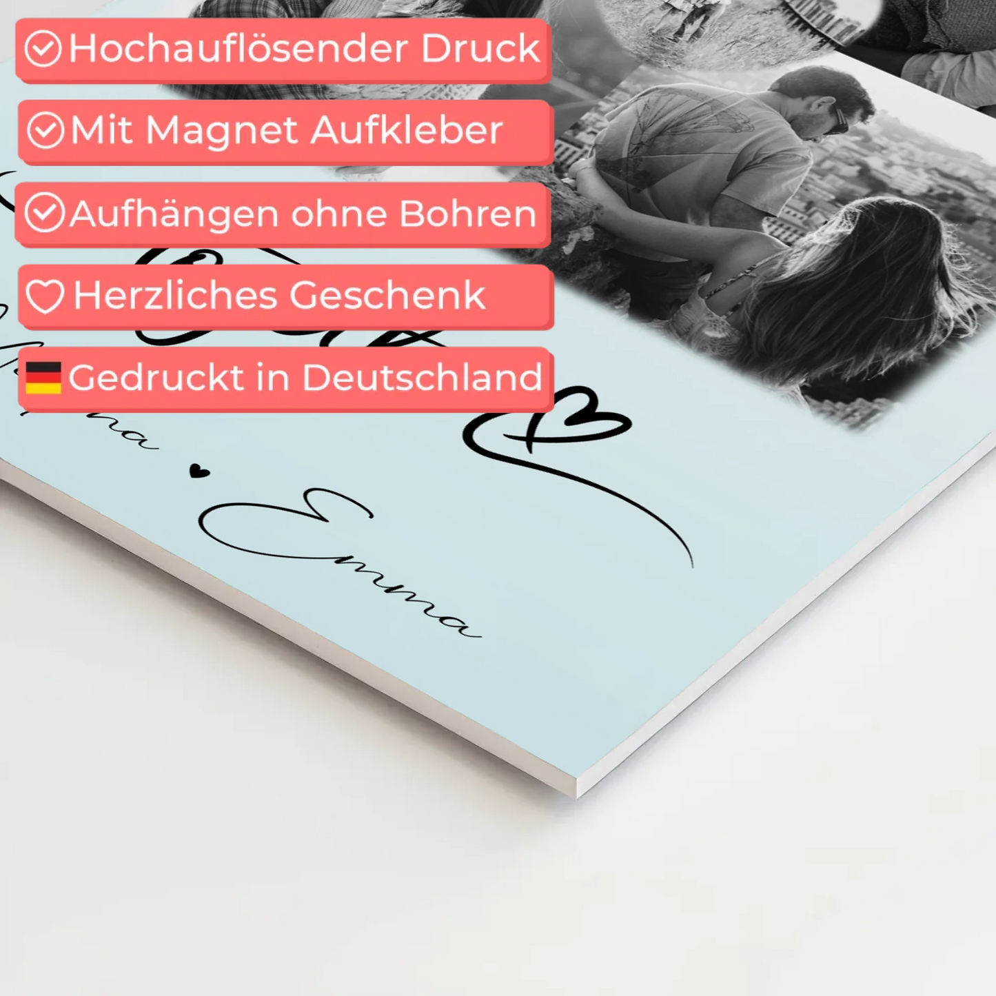 Personalisiertes Fotoboard Poster Magnetisch mit 4 Fotos und 1 Herz Foto Together für individuelle Geschenke
