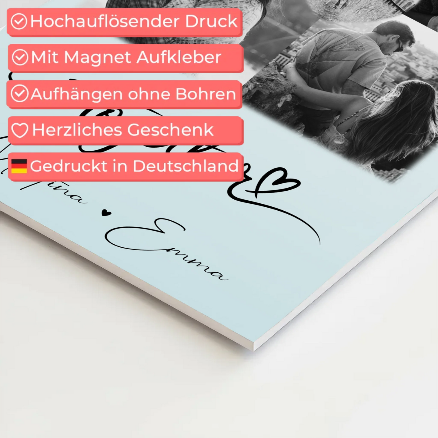 Personalisiertes Fotoboard Poster Magnetisch mit 4 Fotos und 1 Herz Foto Together für individuelle Geschenke