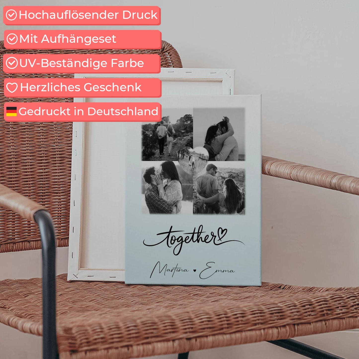 Personalisierte Leinwandbild Paar mit 4 Fotos und 1 Herz Foto Together für besondere Geschenke