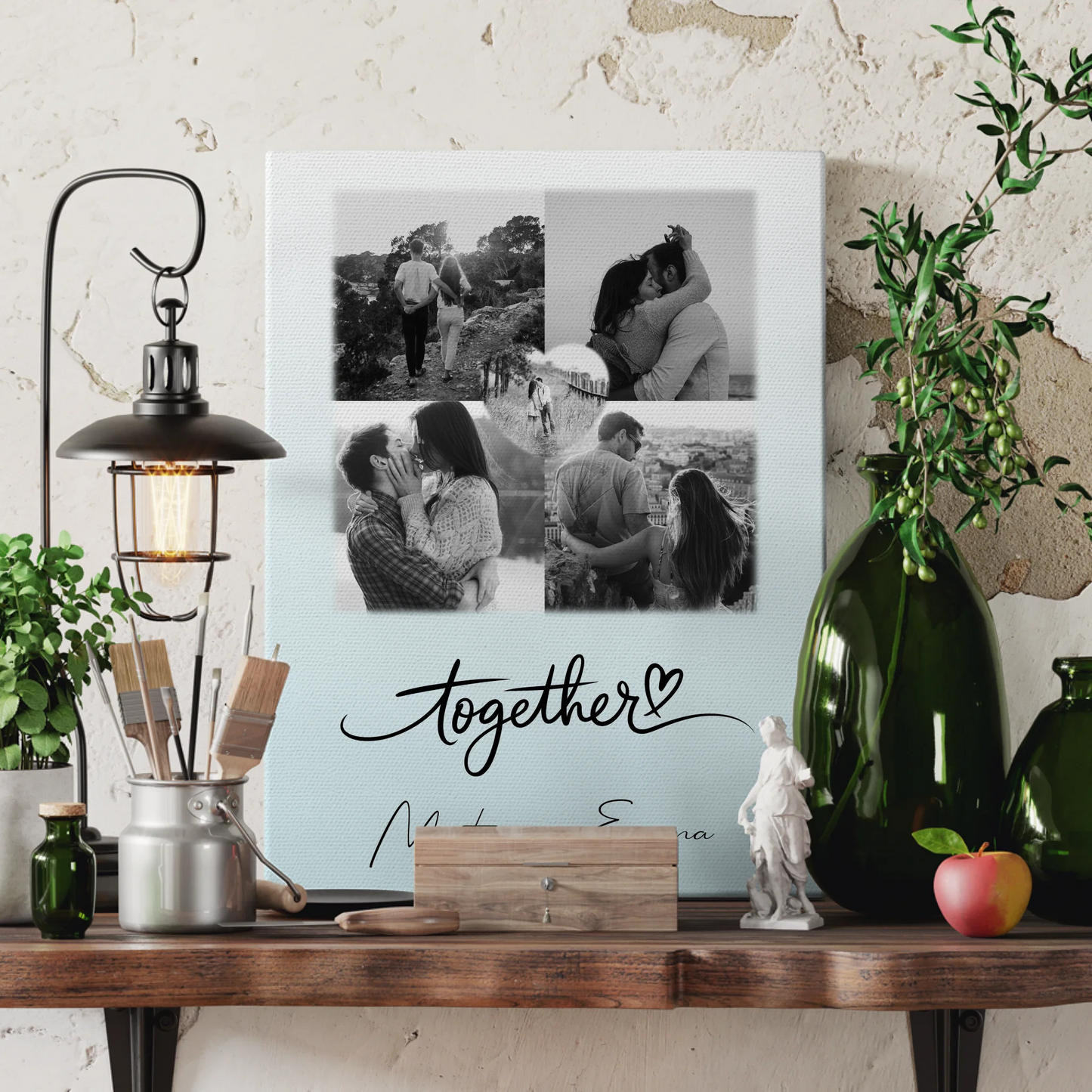 Personalisierte Leinwandbild Paar mit 4 Fotos und 1 Herz Foto Together für besondere Geschenke