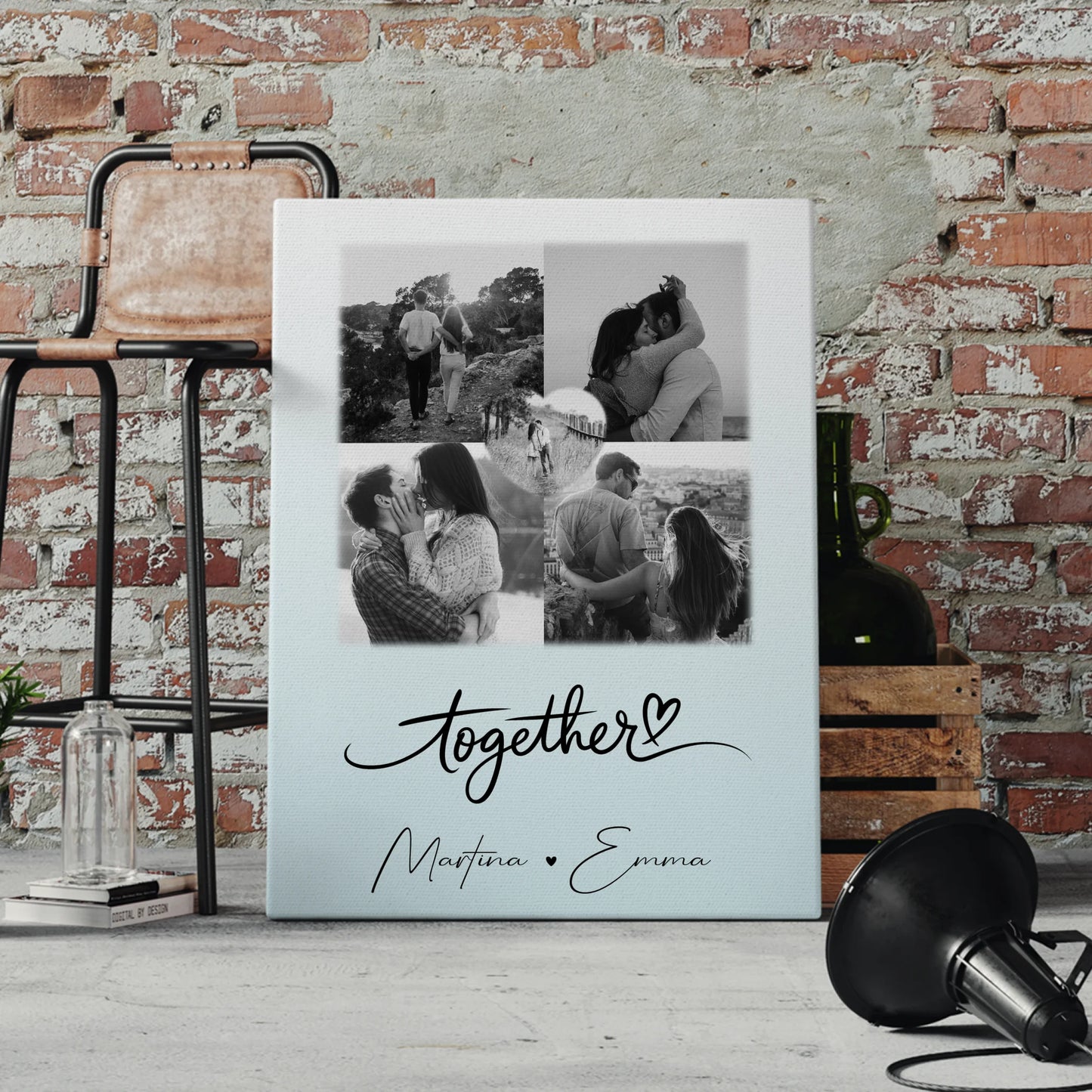 Personalisierte Leinwandbild Paar mit 4 Fotos und 1 Herz Foto Together für besondere Geschenke