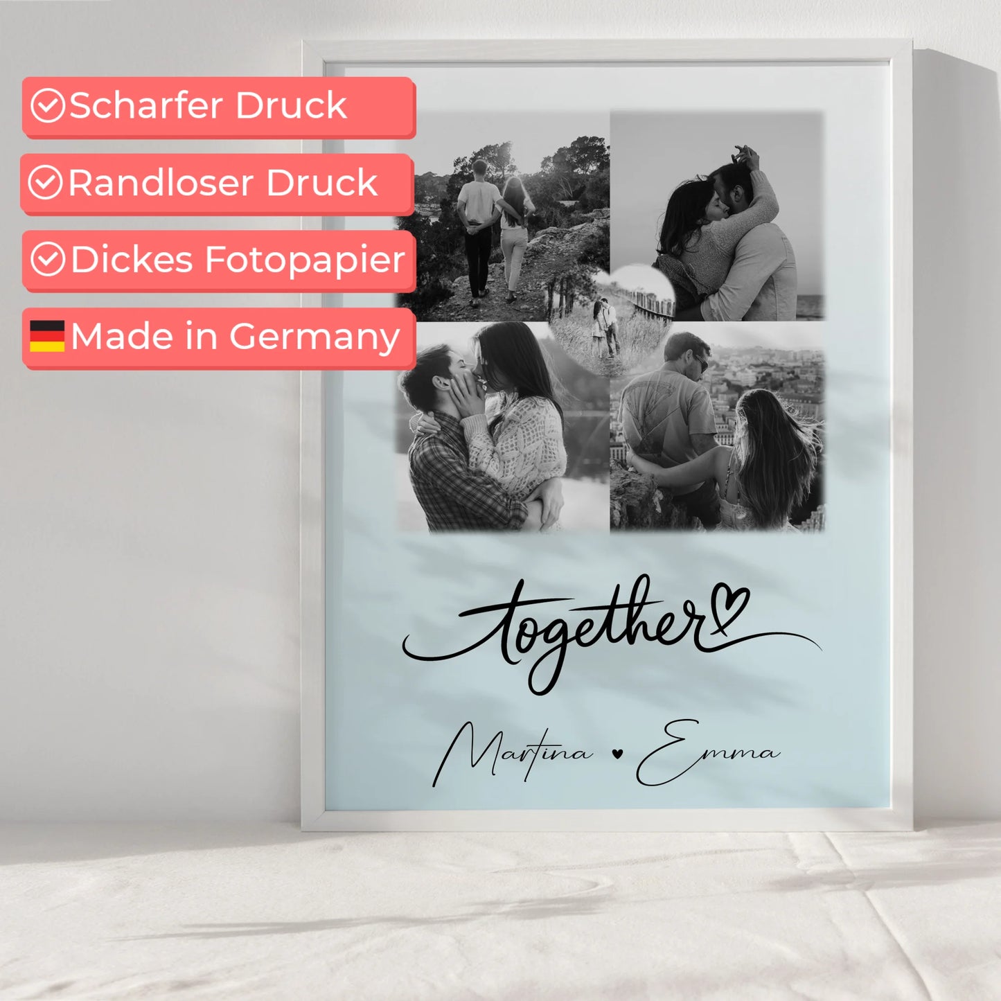 Poster Liebe Together personalisiert mit 4 Fotos und 1 Herz Foto als Geschenk für Paare