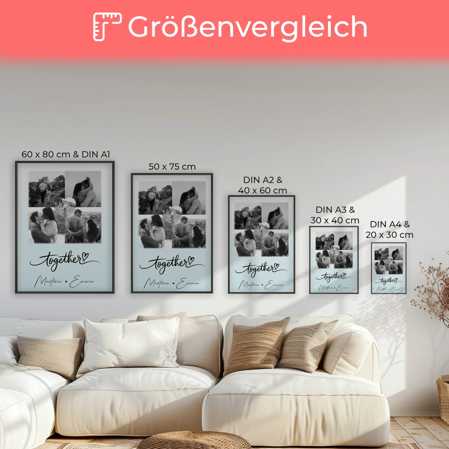 Poster Liebe Together personalisiert mit 4 Fotos und 1 Herz Foto als Geschenk für Paare