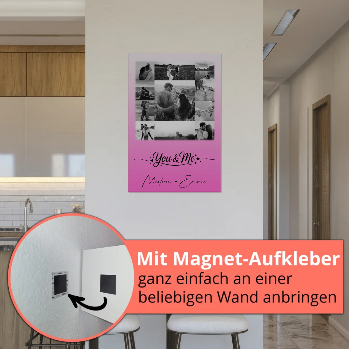 Personalisierte Fotoboard Magnet Wandbild mit 11 Fotos You & Me für individuelle Dekoration