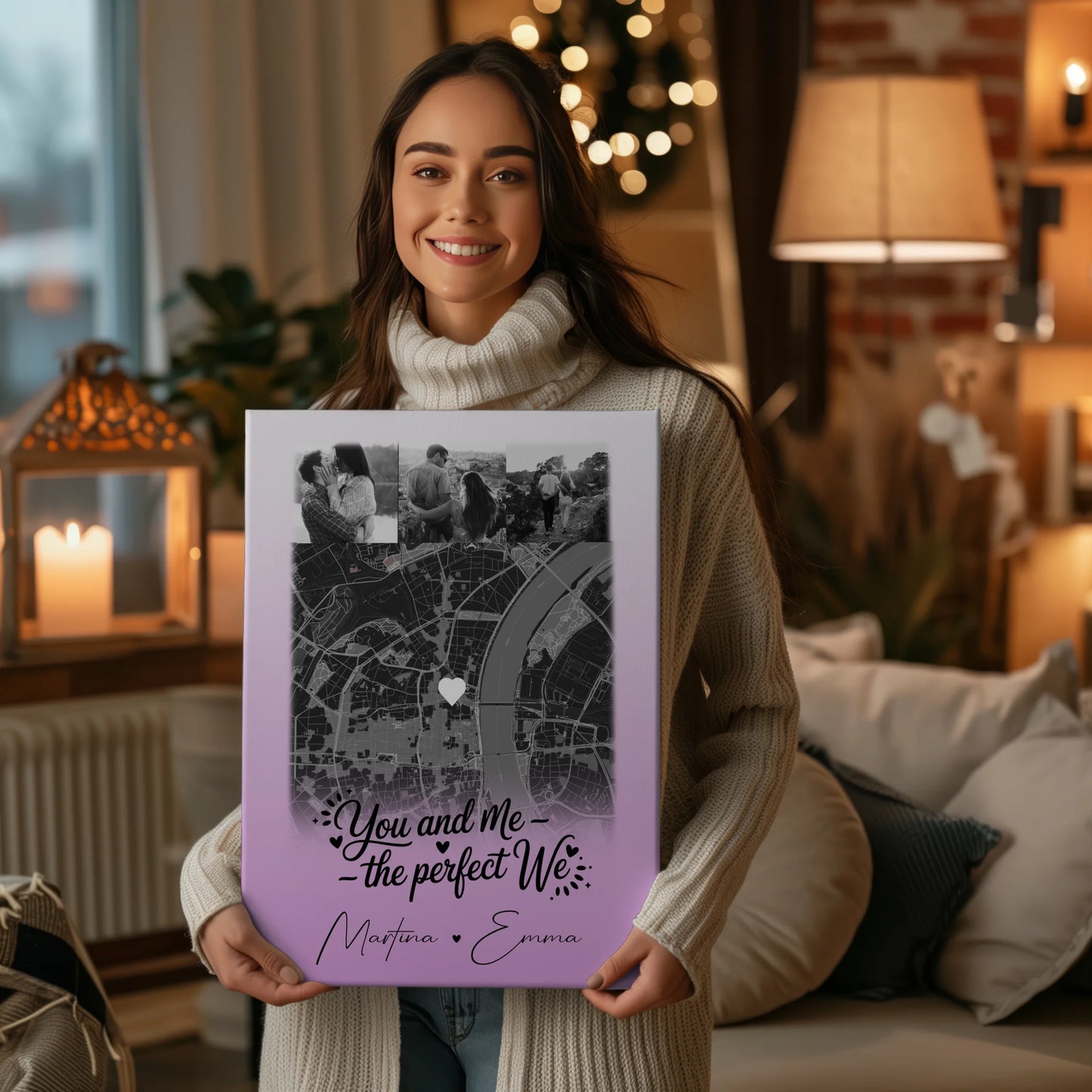 Pärchen Leinwand mit 4 Fotos und Karte You and me The perfect we personalisiertes Geschenk