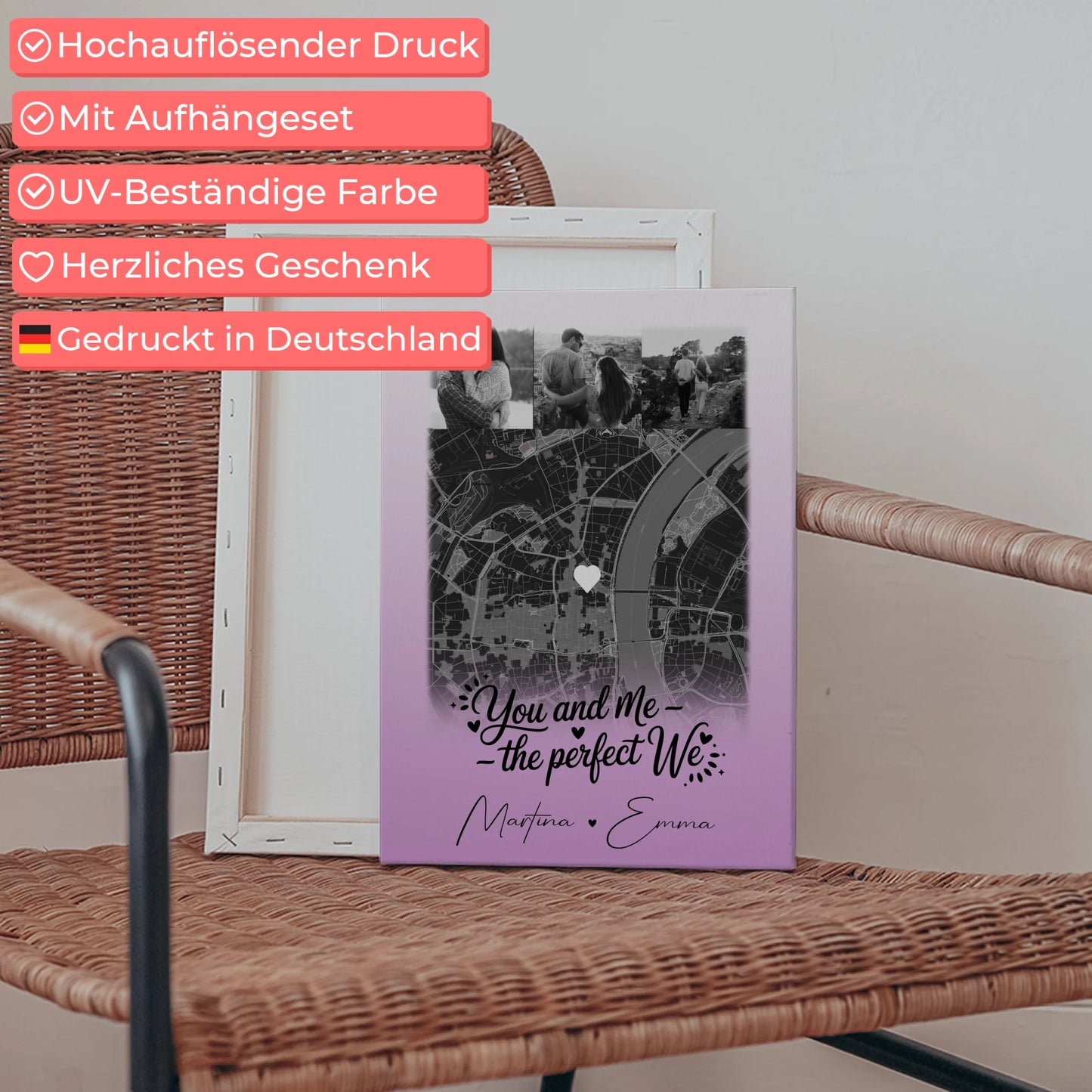 Pärchen Leinwand mit 4 Fotos und Karte You and me The perfect we personalisiertes Geschenk