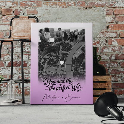 Pärchen Leinwand mit 4 Fotos und Karte You and me The perfect we personalisiertes Geschenk