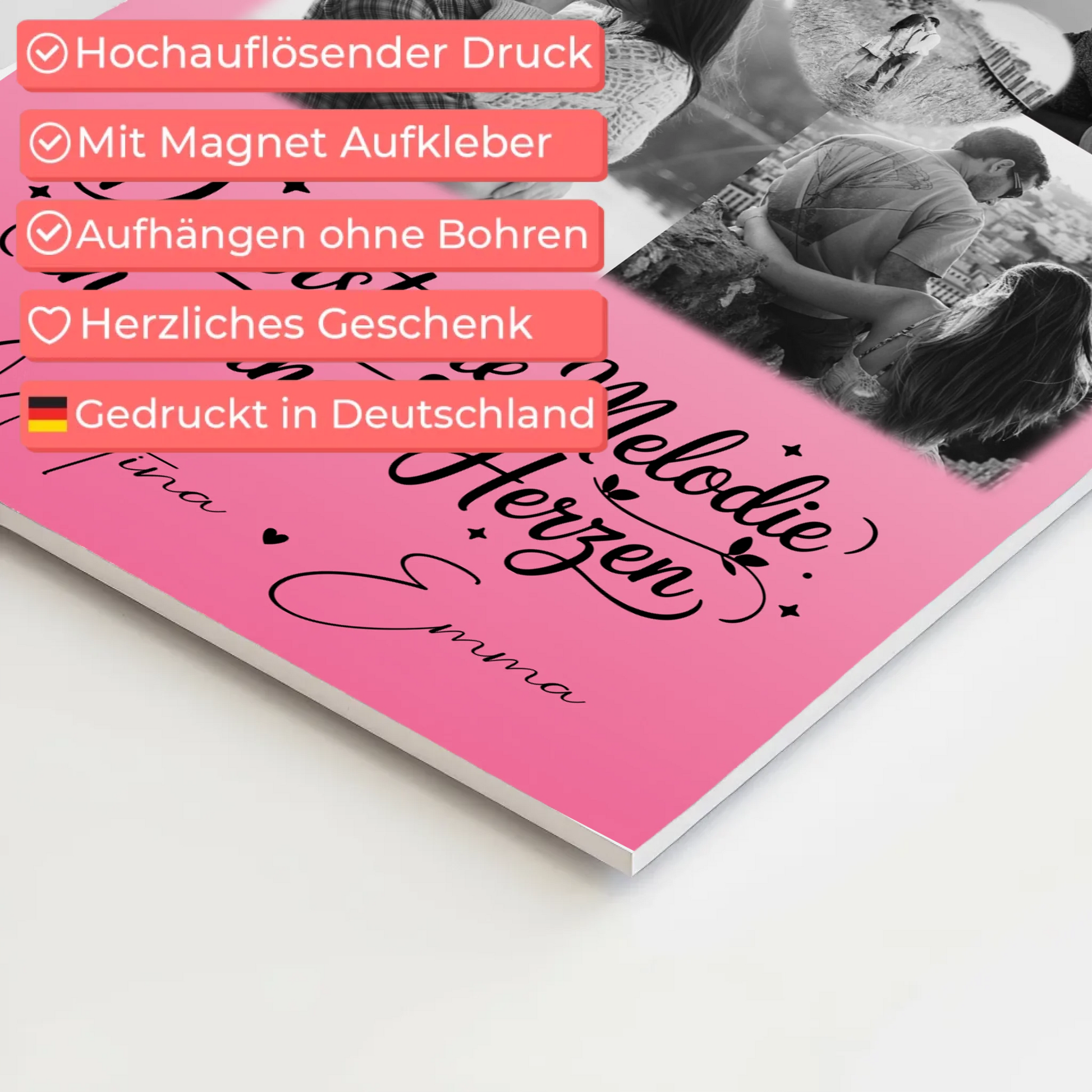 Personalisierbares Fotoboard Magnet Poster mit 4 Fotos und 1 Herz Foto Melodie in meinem Herzen 4
