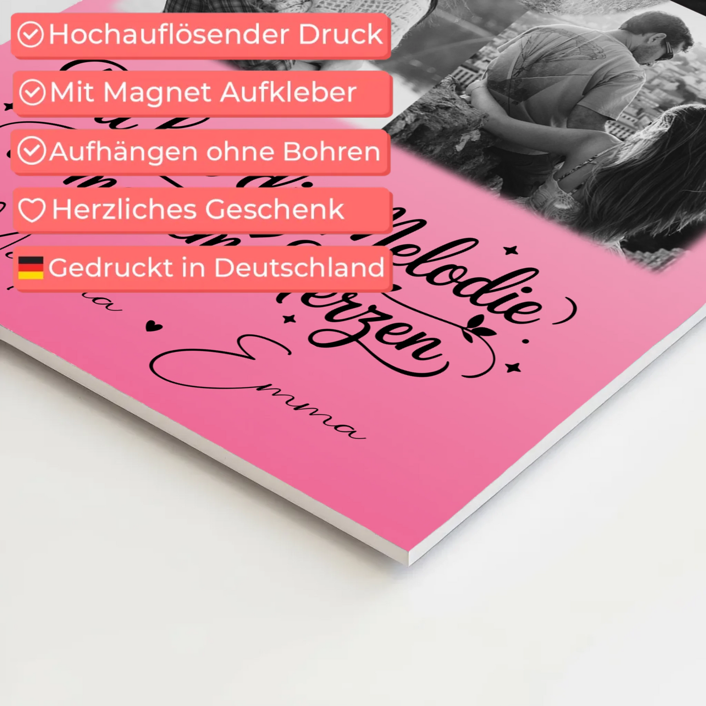 Personalisierbares Fotoboard Magnet Poster mit 4 Fotos und 1 Herz Foto Melodie in meinem Herzen