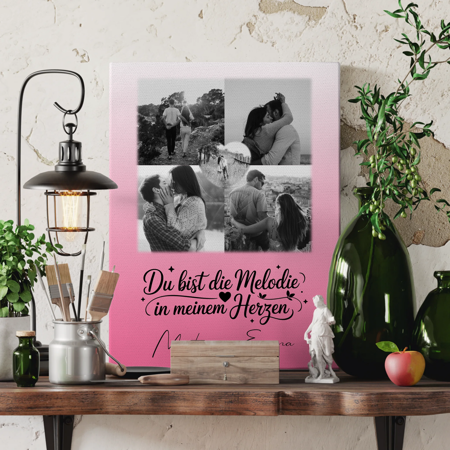 Personalisierte Pärchen Leinwand mit 4 Fotos und Herz Foto Melodie in meinem Herzen Geschenk