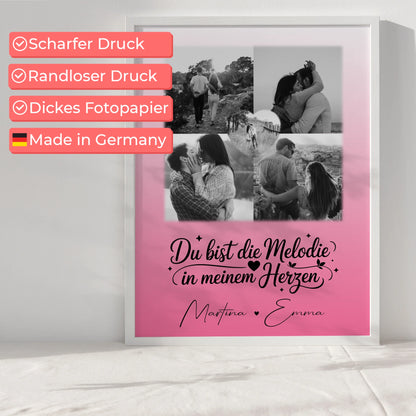 Partner Poster Personalisiert mit 4 Fotos und 1 Herz Foto Melodie in meinem Herzen