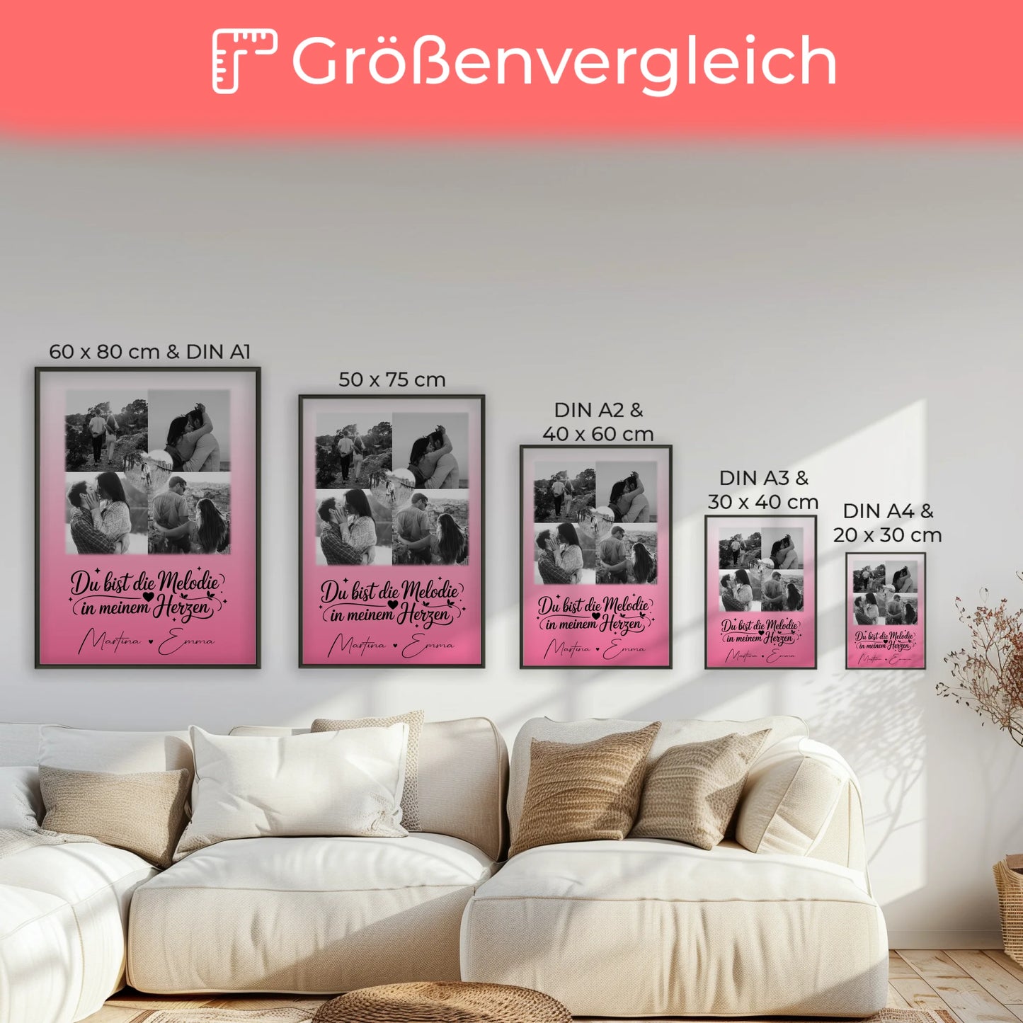 Partner Poster Personalisiert mit 4 Fotos und 1 Herz Foto Melodie in meinem Herzen