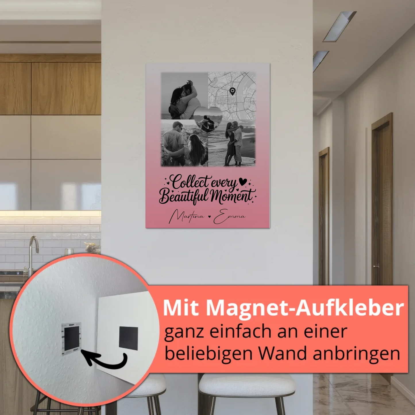 Personalisierte Fotoboard Magnet Wandbild mit 3 Fotos Herz Foto und Karte für individuelle Geschenke