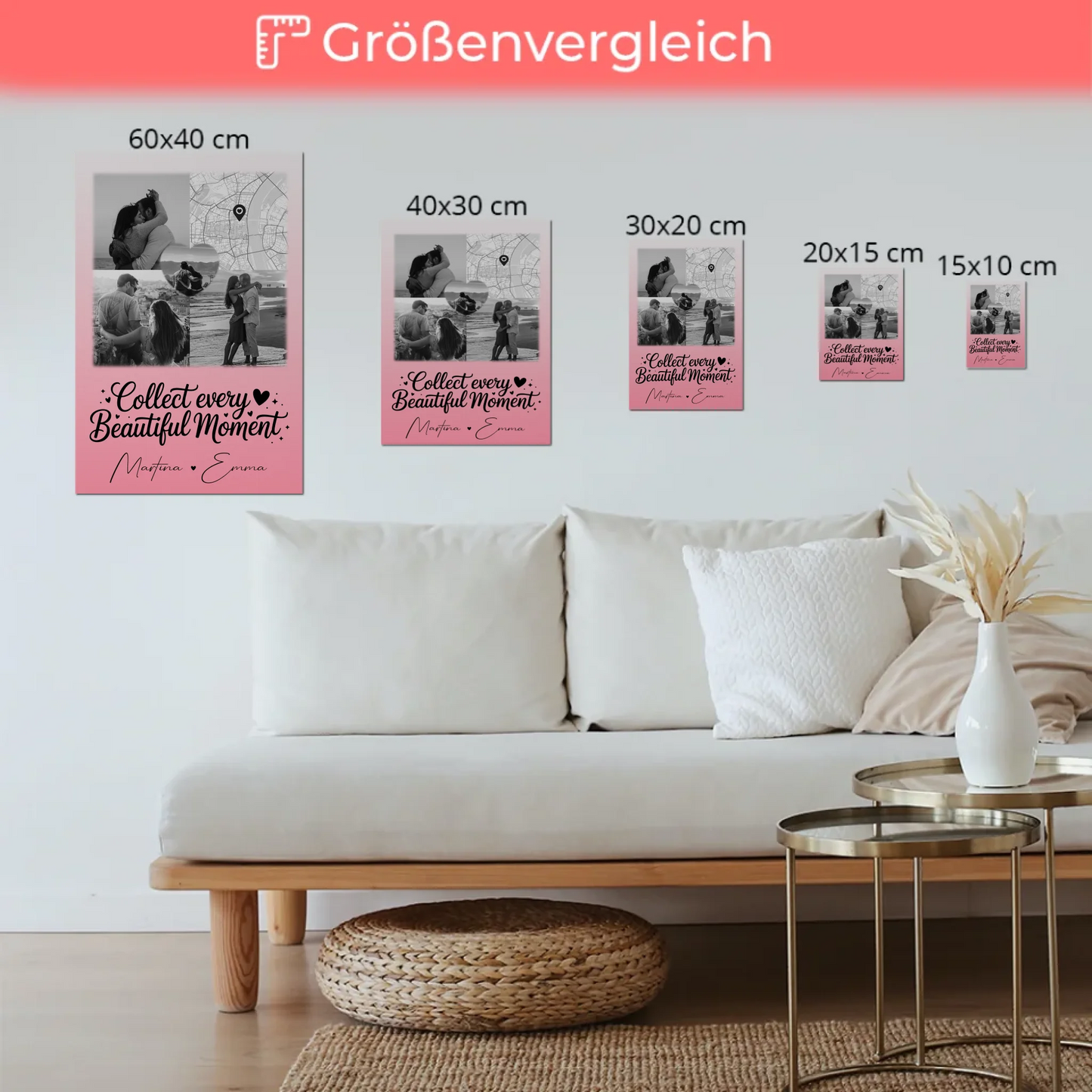Personalisierte Fotoboard Magnet Wandbild mit 3 Fotos Herz Foto und Karte für individuelle Geschenke