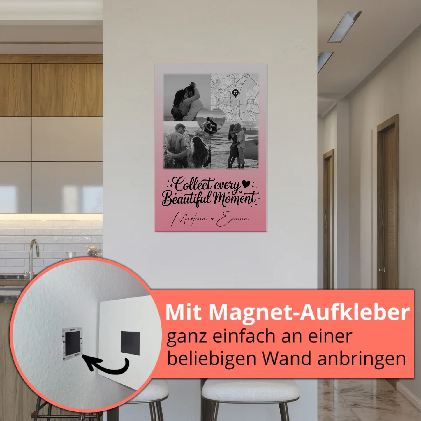 Personalisierte Fotoboard Magnet Wandbild mit 3 Fotos Herz Foto und Karte für individuelle Geschenke