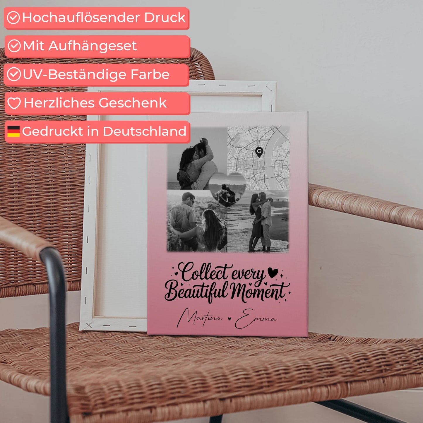 Personalisierte Pärchen Leinwand mit 3 Fotos und Herz Foto Karte für besondere Geschenke