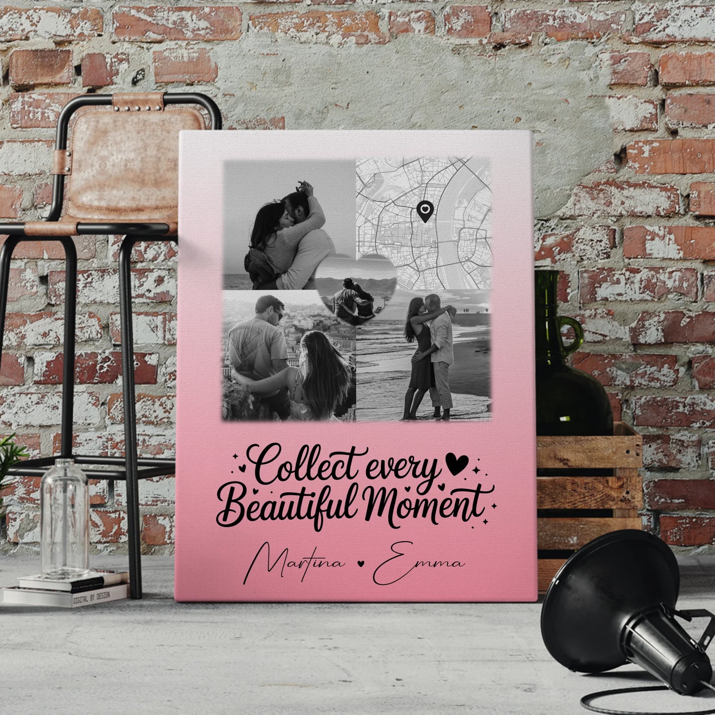 Personalisierte Pärchen Leinwand mit 3 Fotos und Herz Foto Karte für besondere Geschenke