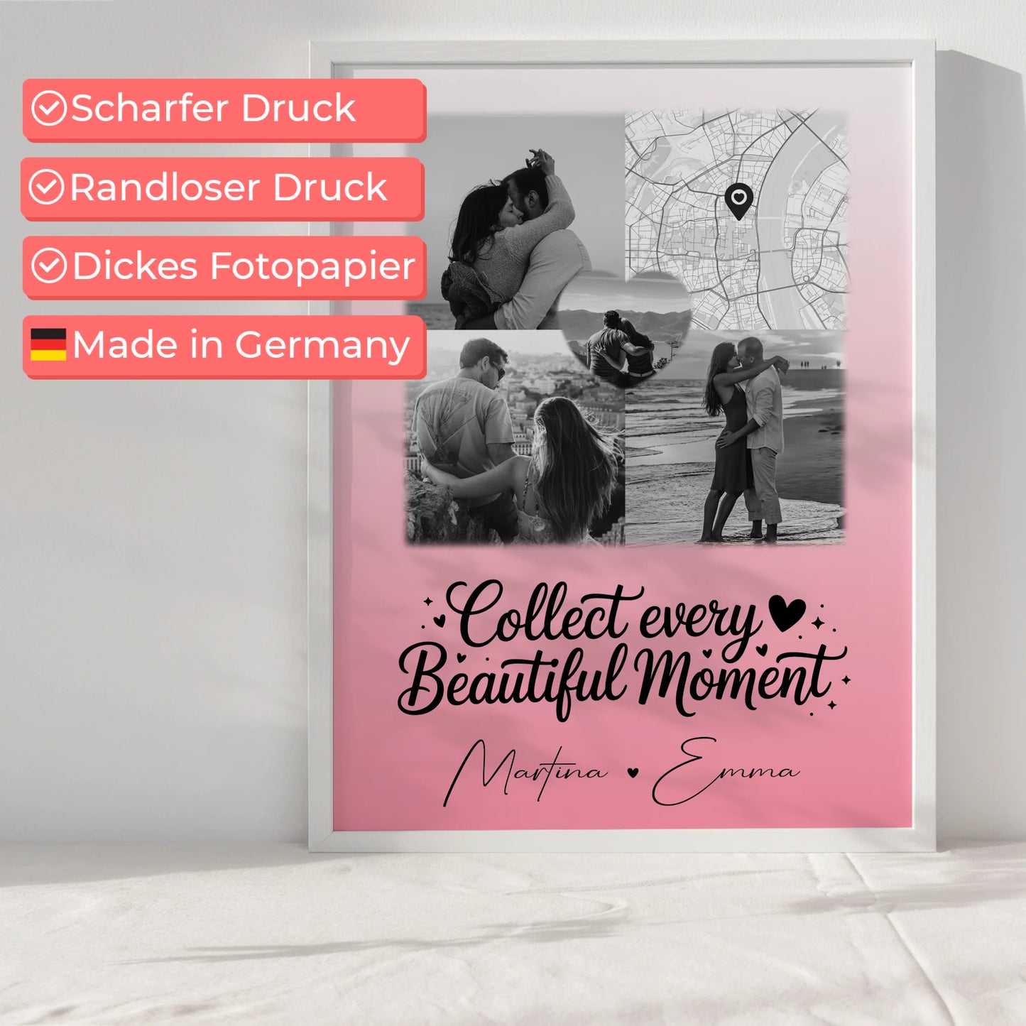 Poster Personalisiert Liebe mit 3 Fotos 1 Herz Foto und persönlicher Foto Karte