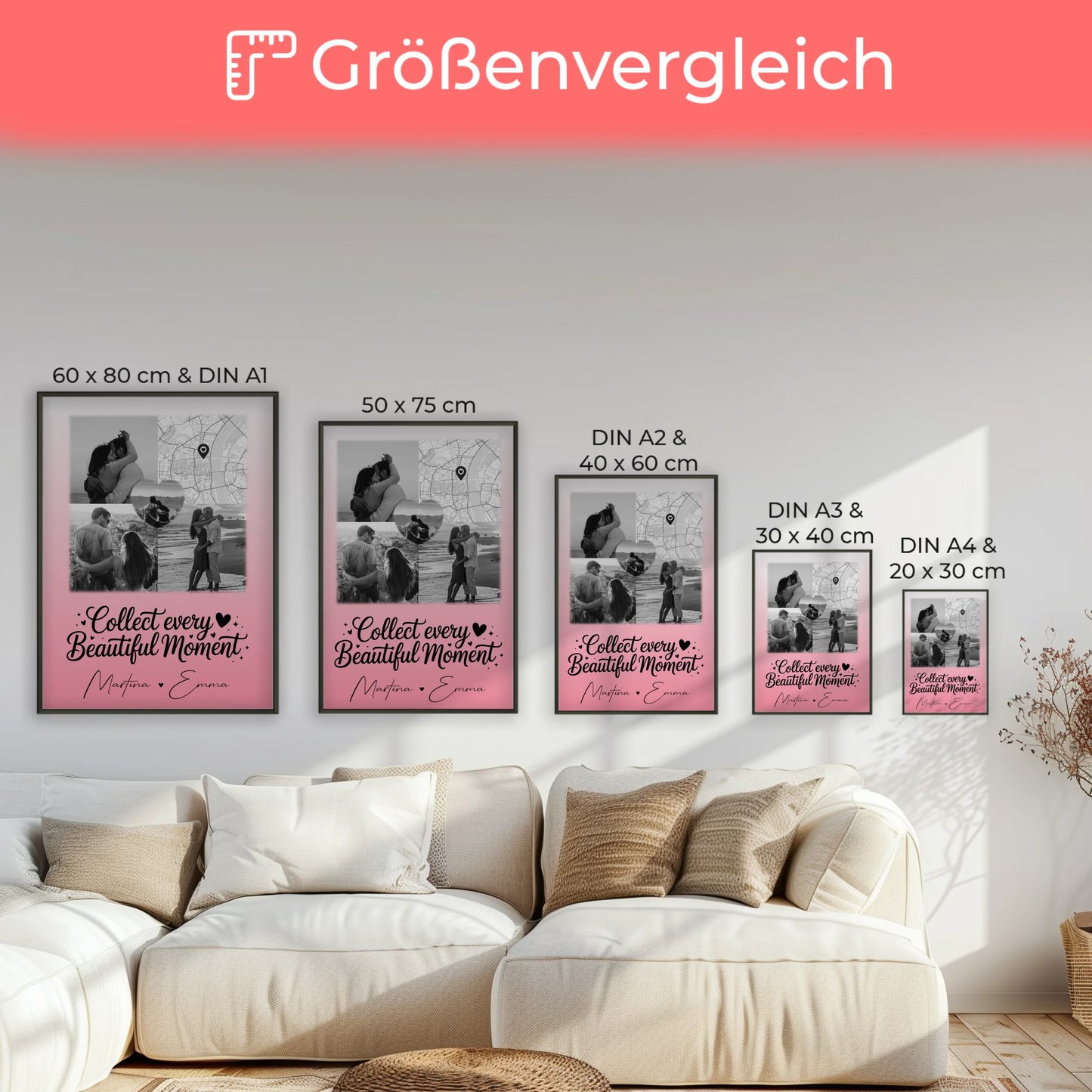 Poster Personalisiert Liebe mit 3 Fotos 1 Herz Foto und persönlicher Foto Karte