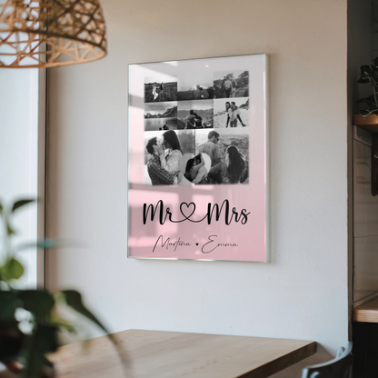 Personalisierte Foto Acrylglas Wanddekoration mit 8 Fotos und Herzmotiv Mr & Mrs
