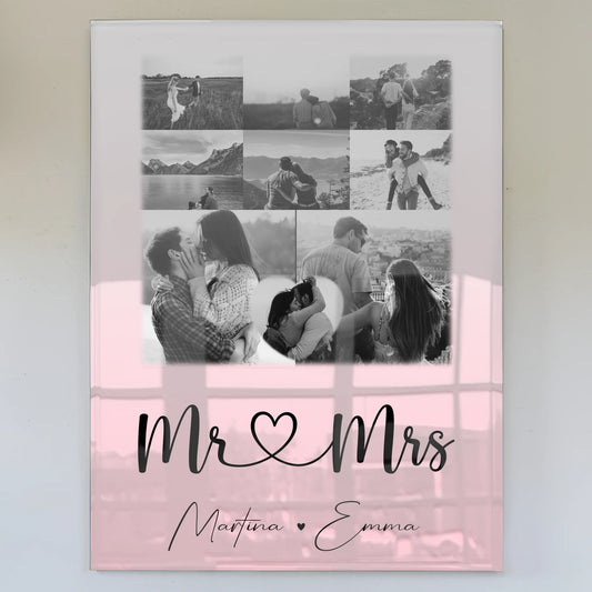 Personalisierte Foto Acrylglas Wanddekoration mit 8 Fotos und Herzmotiv Mr & Mrs