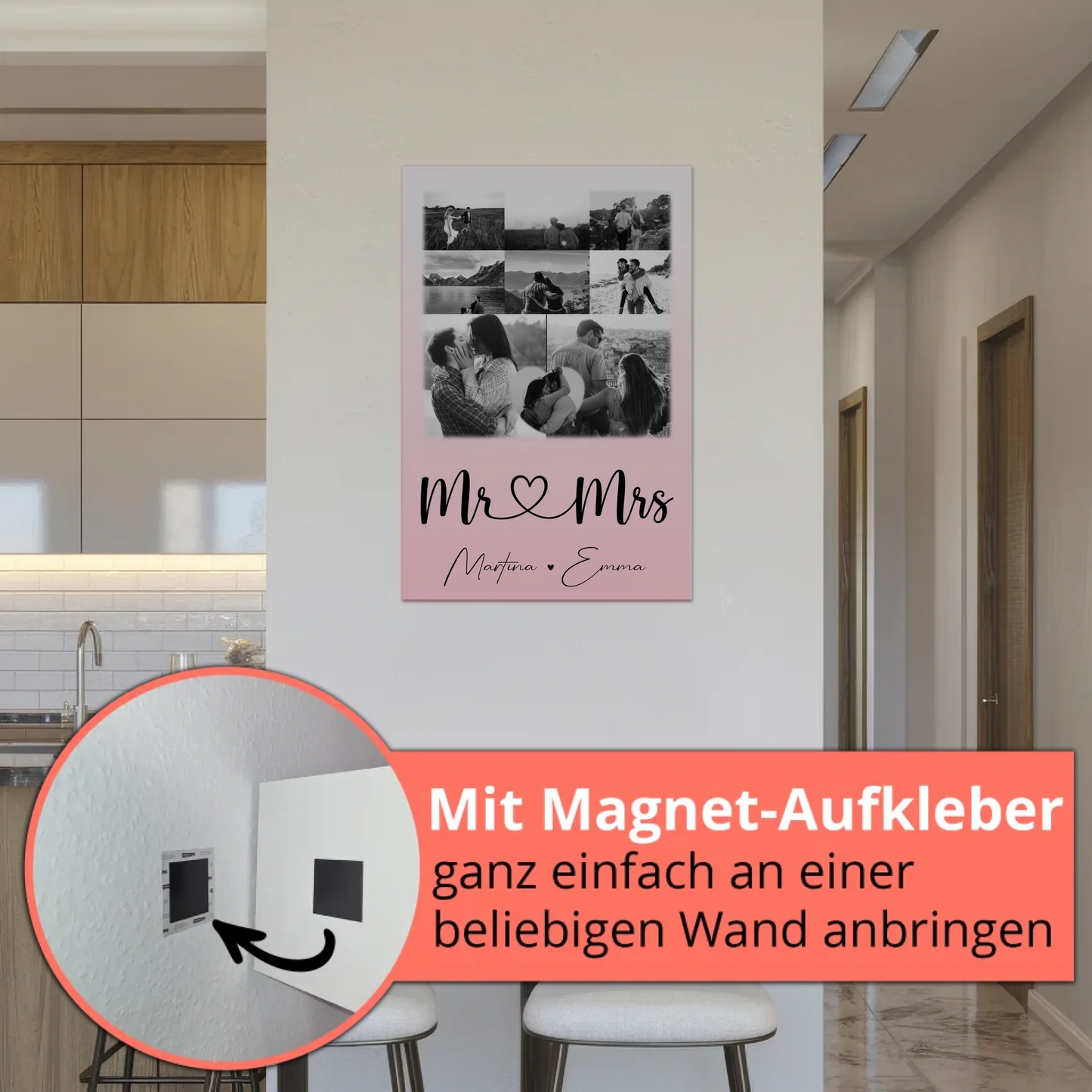 Personalisierte Fotoboard Magnet Wandbild mit 8 Fotos und 1 Herz Foto für Mr und Mrs 5