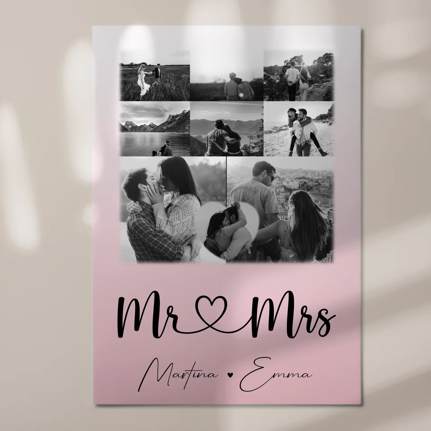 Personalisierte Fotoboard Magnet Wandbild mit 8 Fotos und 1 Herz Foto für Mr und Mrs 7