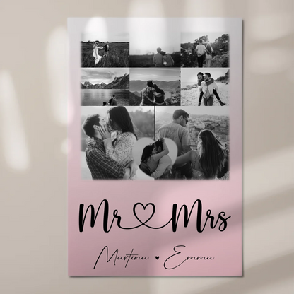 Personalisierte Fotoboard Magnet Wandbild mit 8 Fotos und 1 Herz Foto für Mr und Mrs