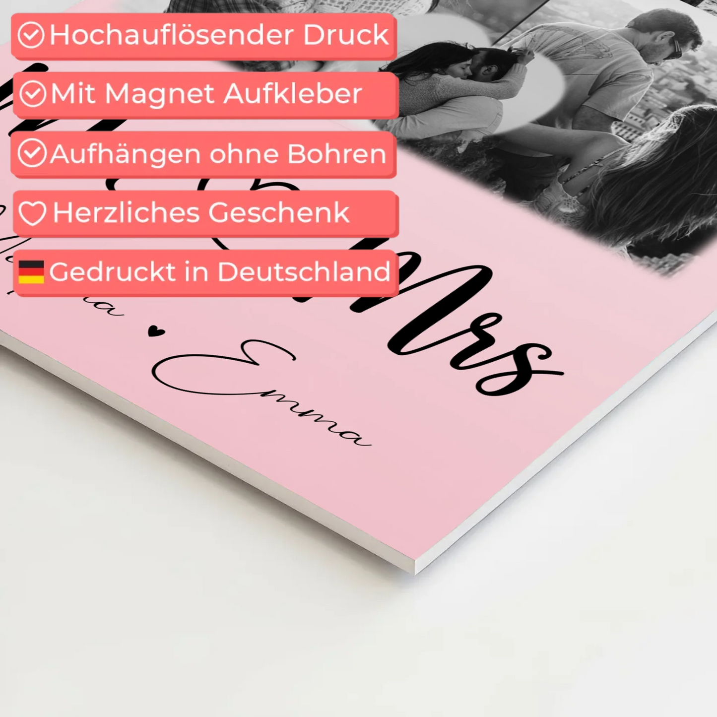Personalisierte Fotoboard Magnet Wandbild mit 8 Fotos und 1 Herz Foto für Mr und Mrs