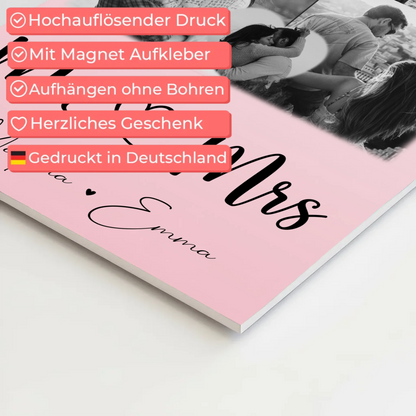 Personalisierte Fotoboard Magnet Wandbild mit 8 Fotos und 1 Herz Foto für Mr und Mrs
