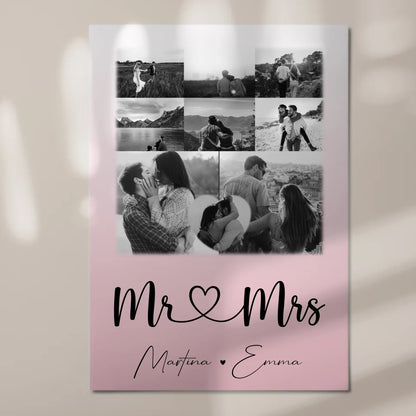 Personalisierte Fotoboard Magnet Wandbild mit 8 Fotos und 1 Herz Foto für Mr und Mrs