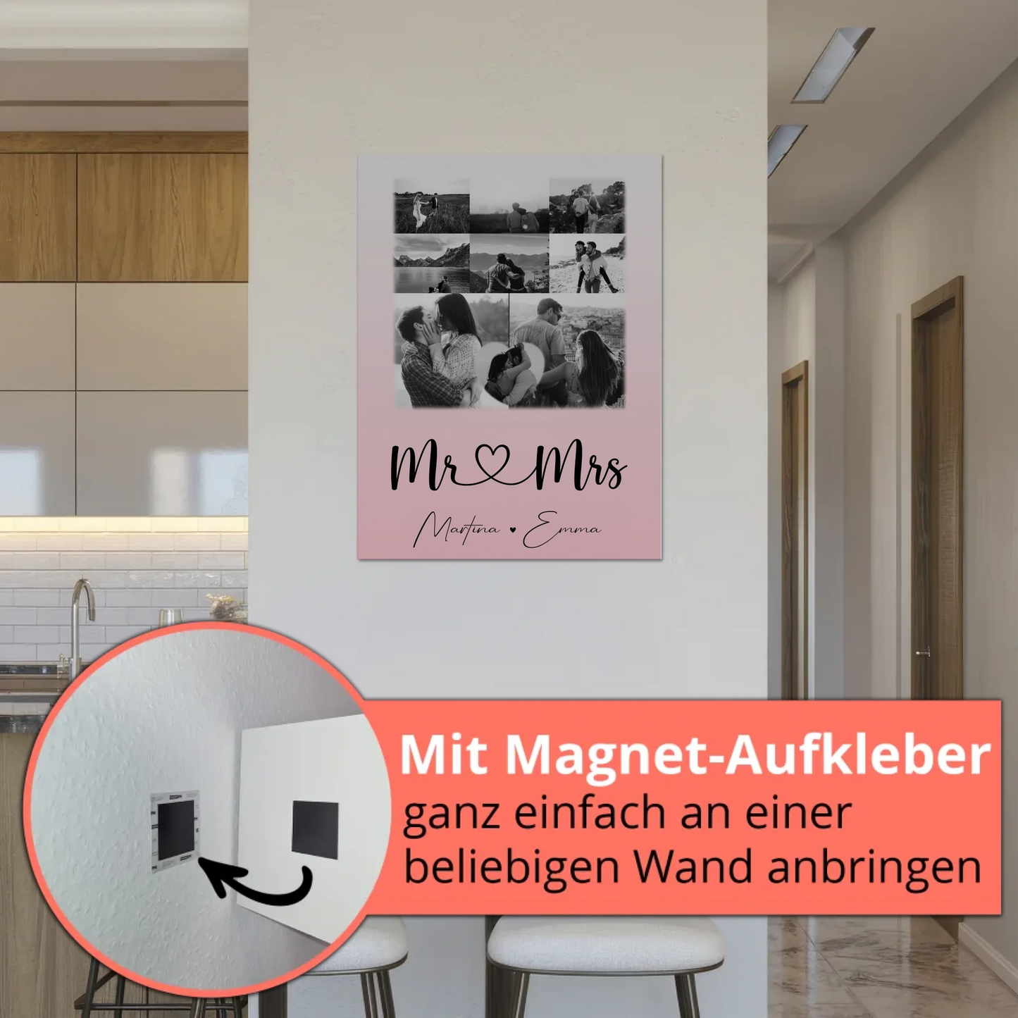 Personalisierte Fotoboard Magnet Wandbild mit 8 Fotos und 1 Herz Foto für Mr und Mrs