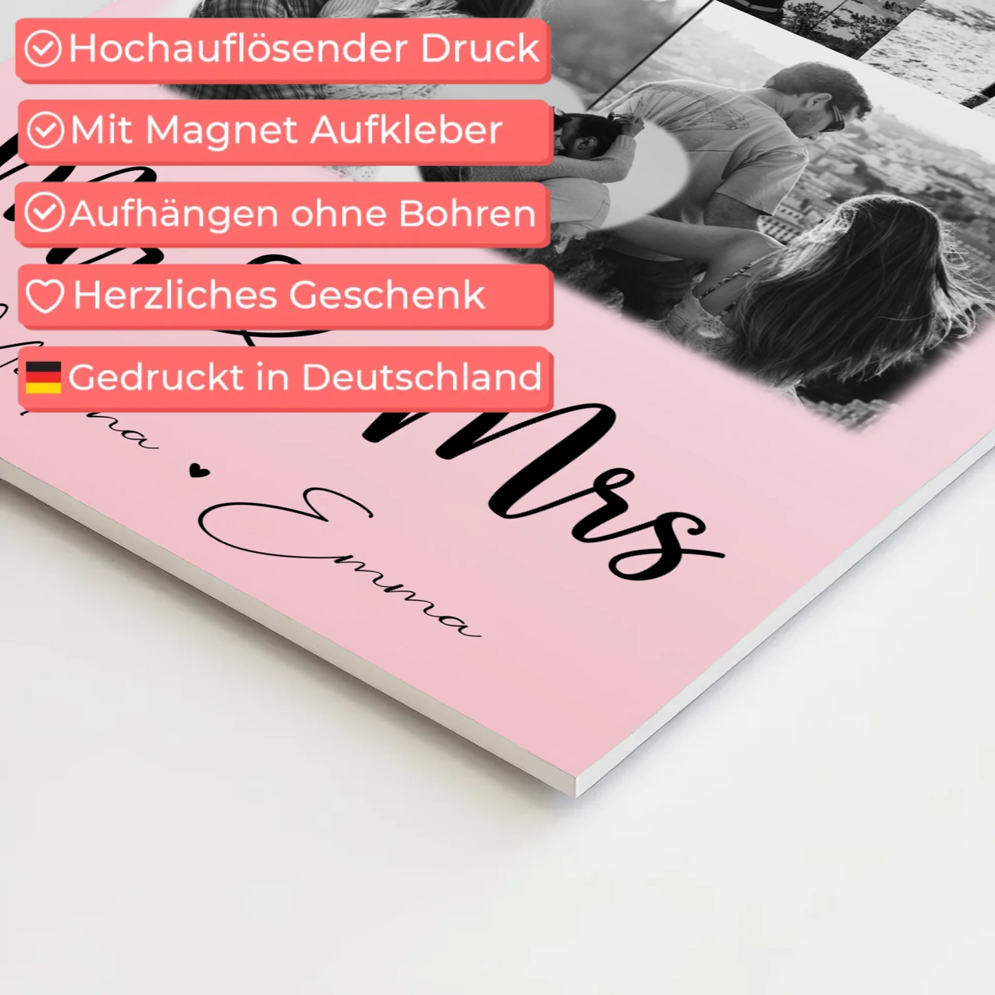 Personalisierte Fotoboard Magnet Wandbild mit 8 Fotos und 1 Herz Foto für Mr und Mrs