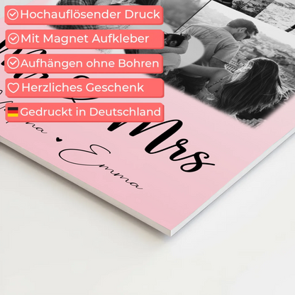 Personalisierte Fotoboard Magnet Wandbild mit 8 Fotos und 1 Herz Foto für Mr und Mrs
