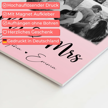Personalisierte Fotoboard Magnet Wandbild mit 8 Fotos und 1 Herz Foto für Mr und Mrs