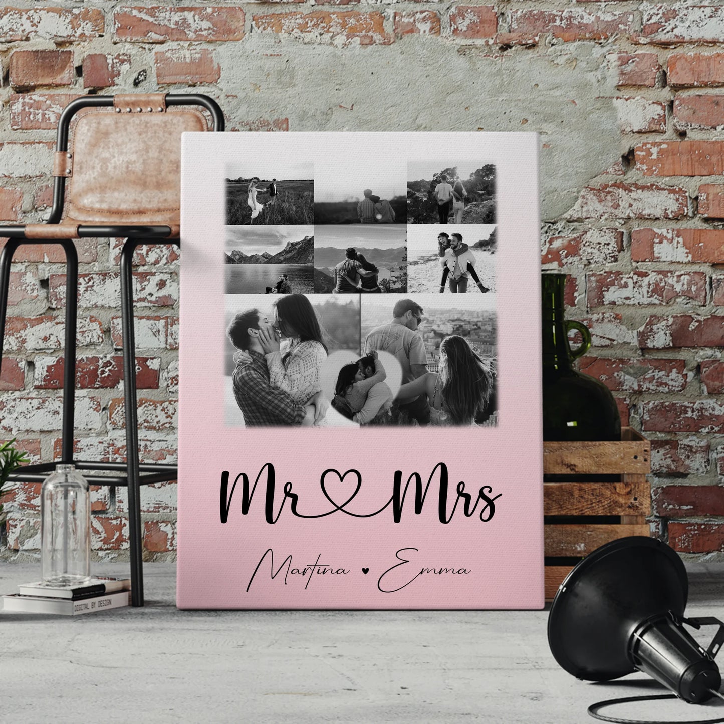 Personalisierte Paar Leinwand mit 8 Fotos und Herz Foto Mr & Mrs Geschenk für Verliebte