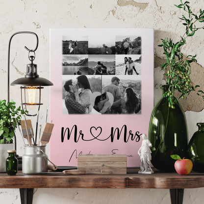Personalisierte Paar Leinwand mit 8 Fotos und Herz Foto Mr & Mrs Geschenk für Verliebte