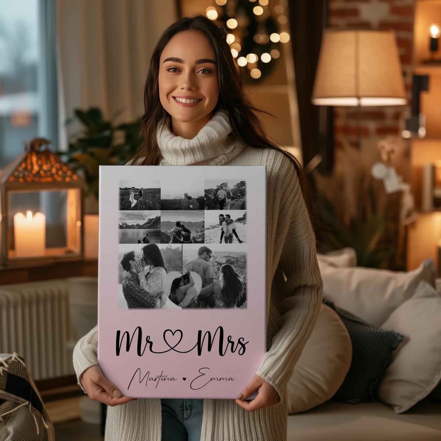Personalisierte Paar Leinwand mit 8 Fotos und Herz Foto Mr & Mrs Geschenk für Verliebte