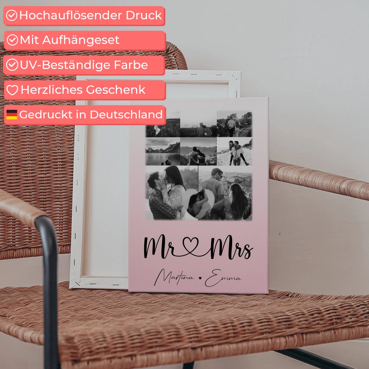 Personalisierte Paar Leinwand mit 8 Fotos und Herz Foto Mr & Mrs Geschenk für Verliebte