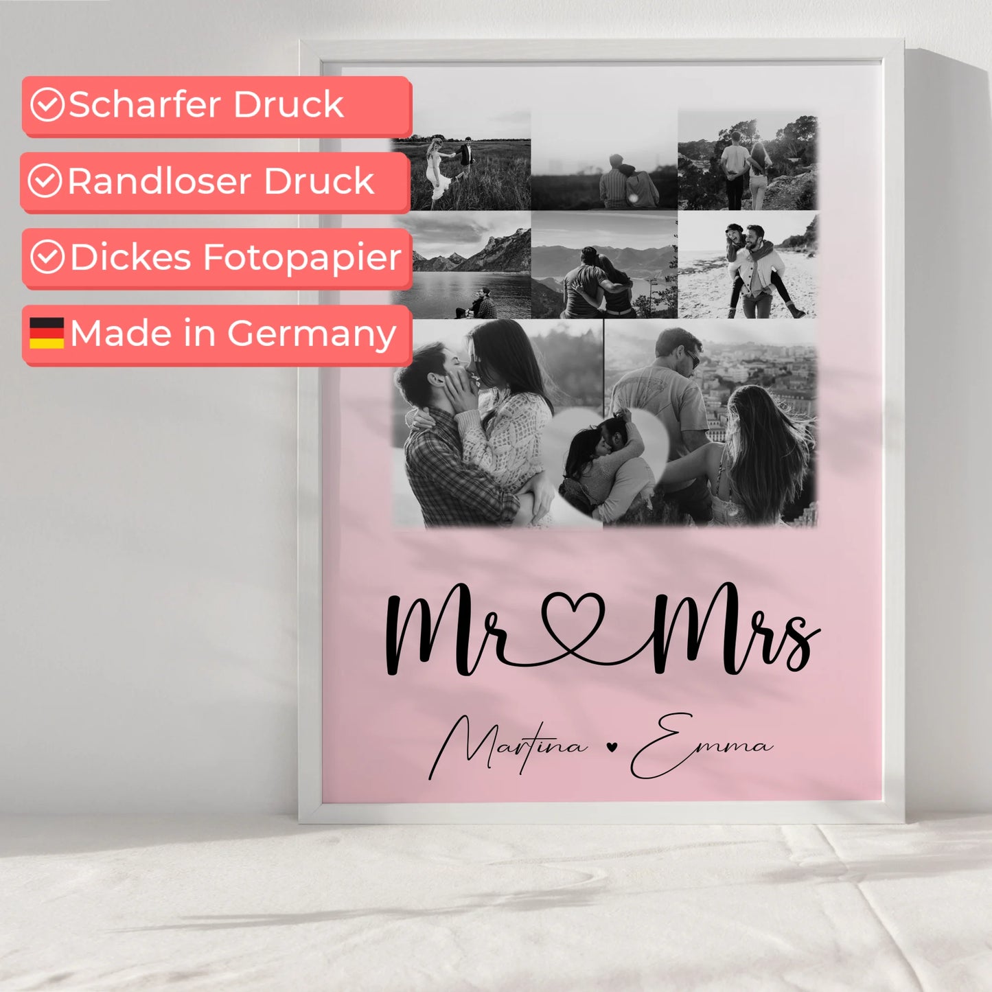 Personalisierte Poster Partner Mr und Mrs mit 8 Fotos und 1 Herz Foto als Geschenkidee