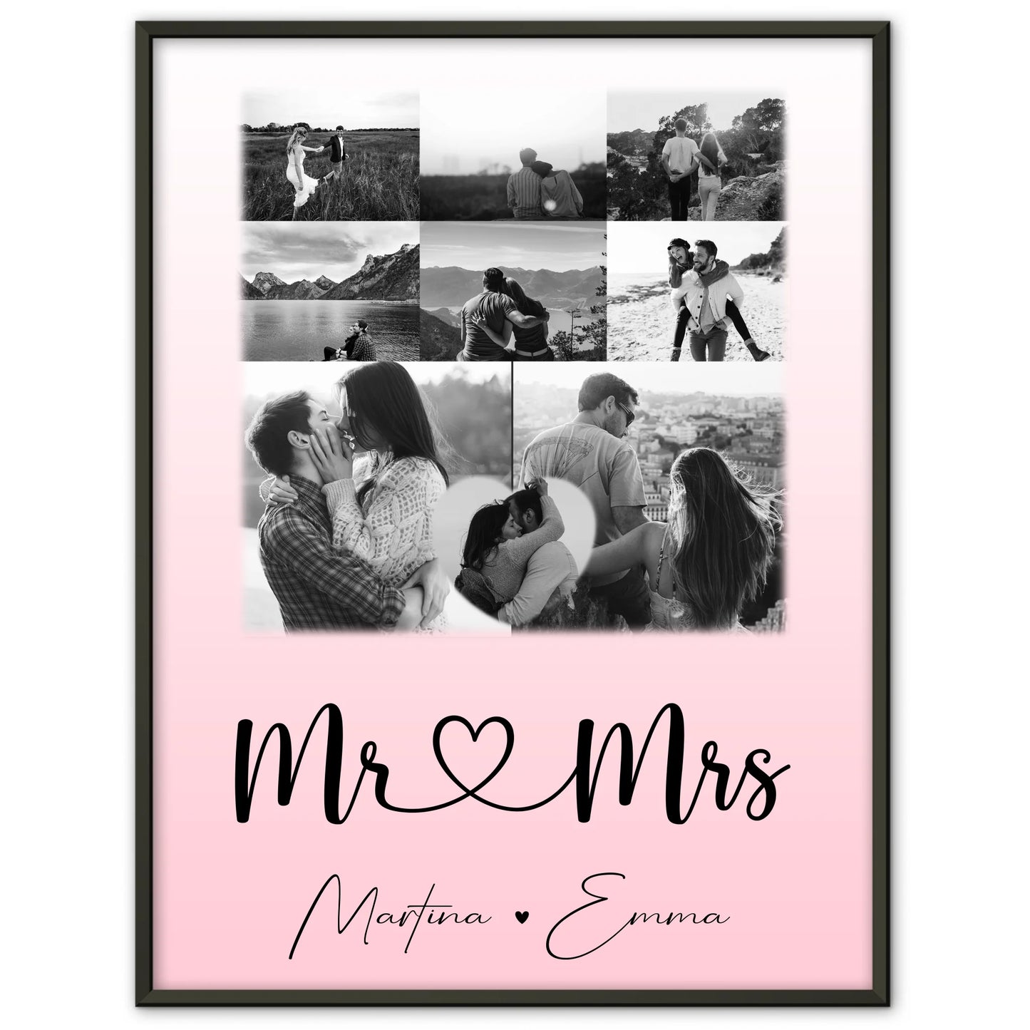 Personalisierte Poster Partner Mr und Mrs mit 8 Fotos und 1 Herz Foto als Geschenkidee