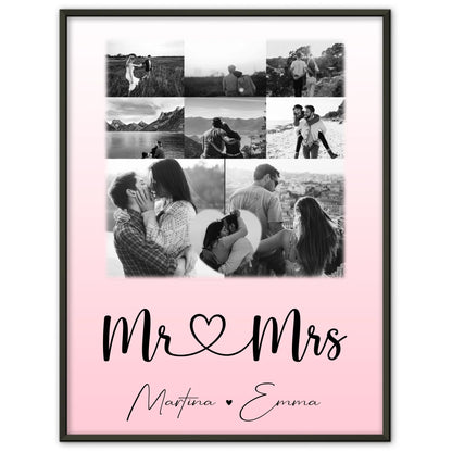 Personalisierte Poster Partner Mr und Mrs mit 8 Fotos und 1 Herz Foto als Geschenkidee