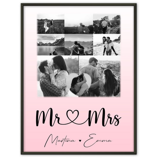 Personalisierte Poster Partner Mr und Mrs mit 8 Fotos und 1 Herz Foto als Geschenkidee