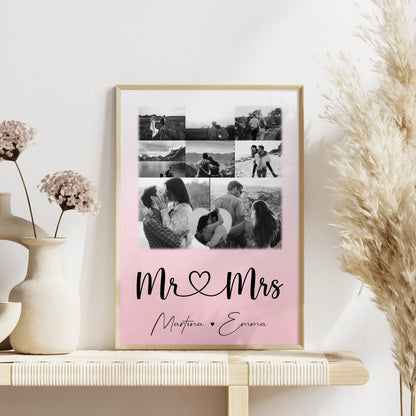 Personalisierte Poster Partner Mr und Mrs mit 8 Fotos und 1 Herz Foto als Geschenkidee
