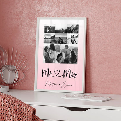 Personalisierte Poster Partner Mr und Mrs mit 8 Fotos und 1 Herz Foto als Geschenkidee
