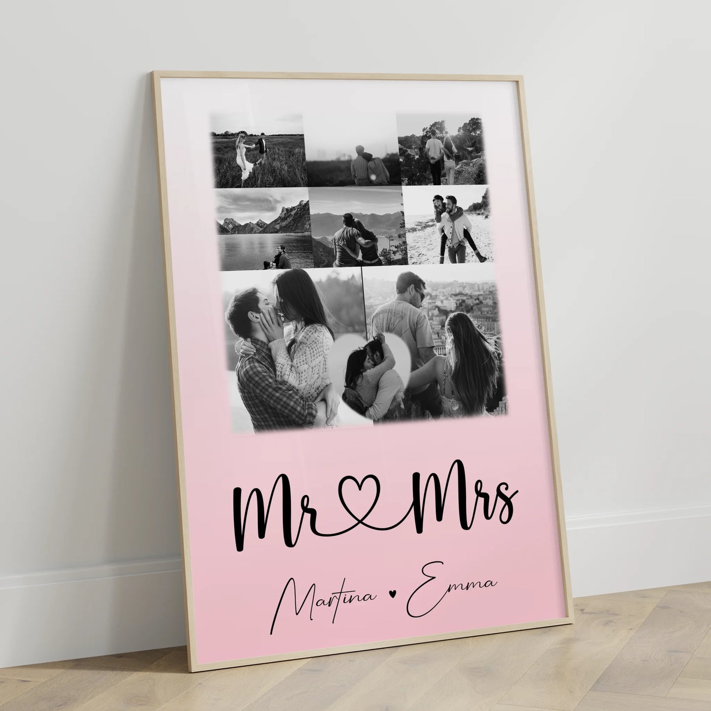 Personalisierte Poster Partner Mr und Mrs mit 8 Fotos und 1 Herz Foto als Geschenkidee